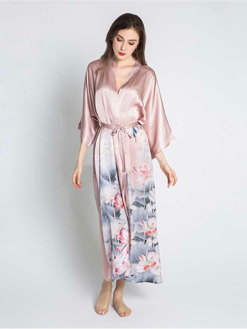 100% Silk KIM+ONO Lotus Long Kimono Robe in Blush Pink